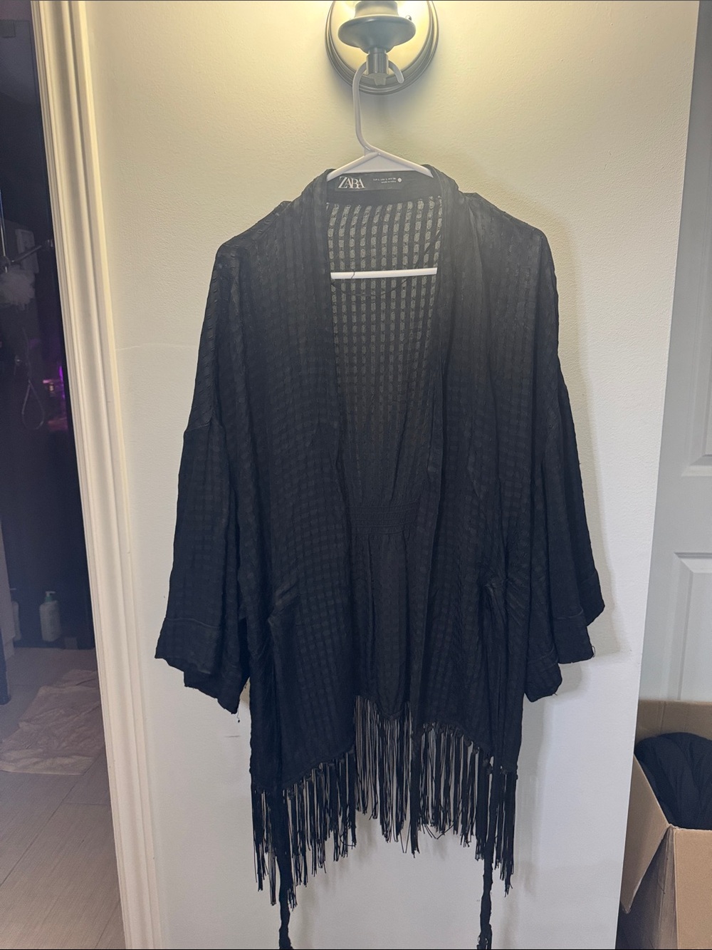 Zara Black Fringe Open-Front Kimono